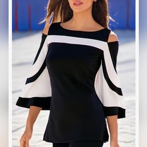 Colorblock Open Shoulder Butterfly 3/4 Sleeve Blouse NWOT Medium Tunic